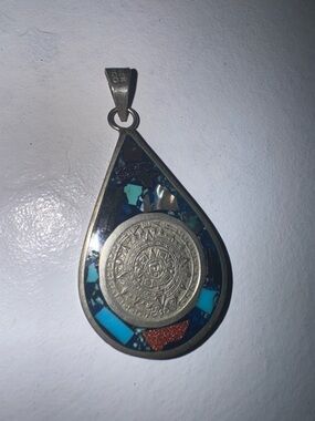 Sterling Silver Teardrop Pendant with Turquoise Inlay and Aztec Medallion